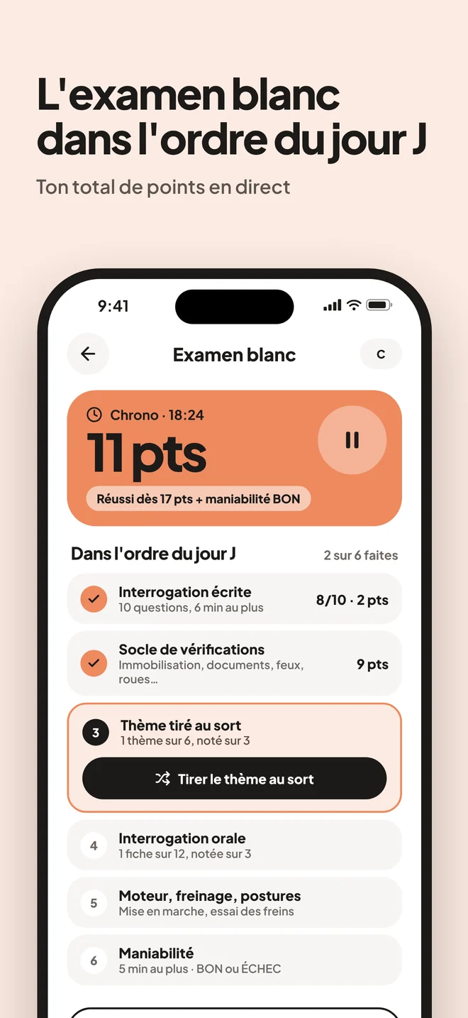 L’examen blanc dans l’ordre du jour J, avec le total de points en direct
